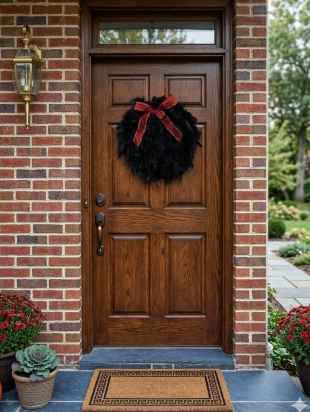 Handmade Feather Wreath With Bow-14" Black/Red